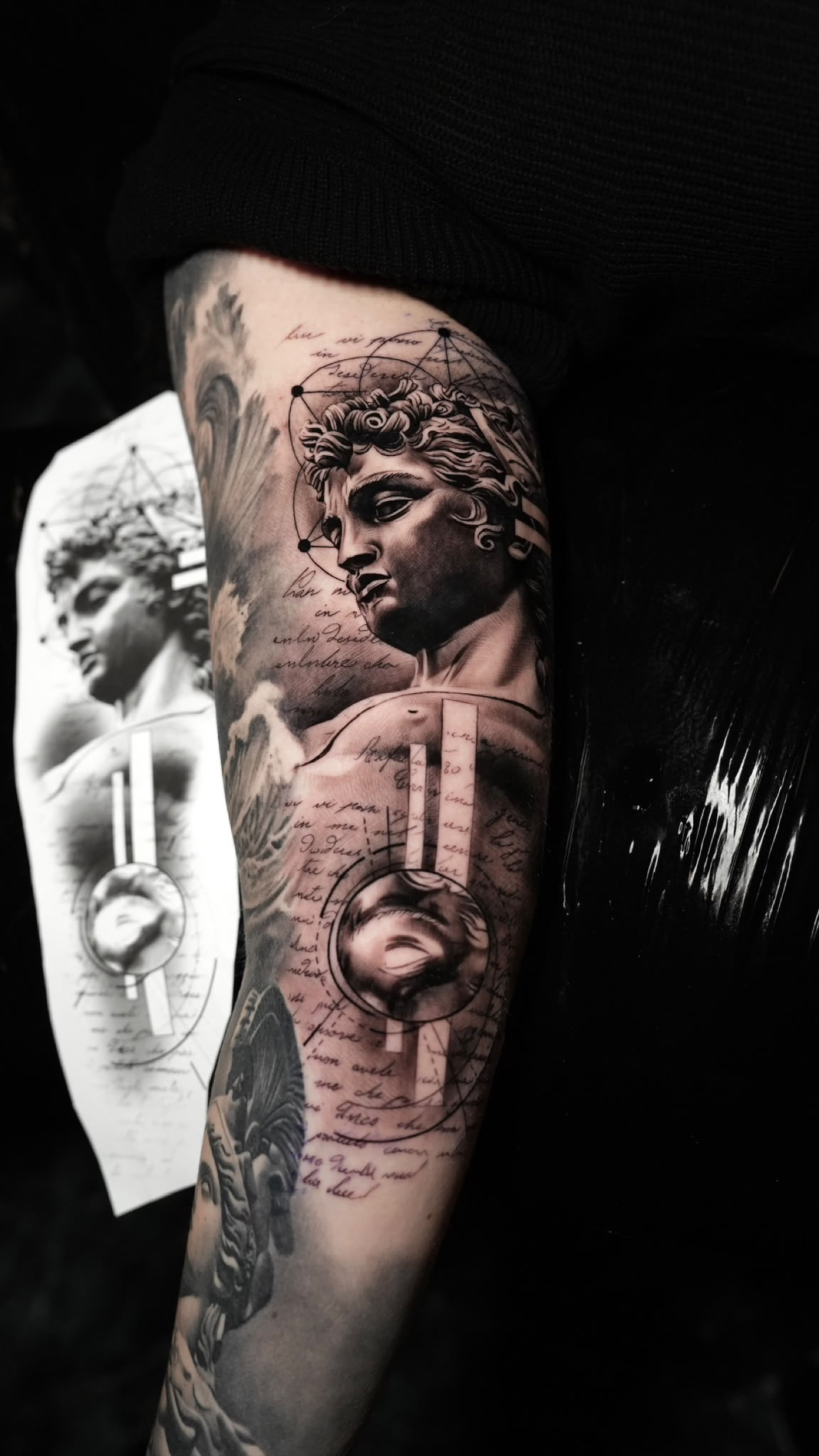 Classical David statue composition tattoo