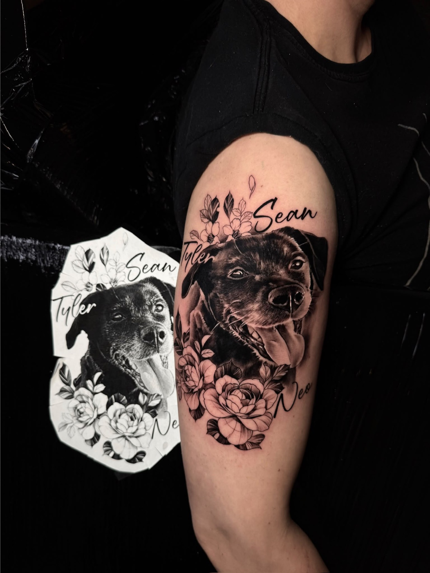 Realistic dog memorial tattoo with flowers and names