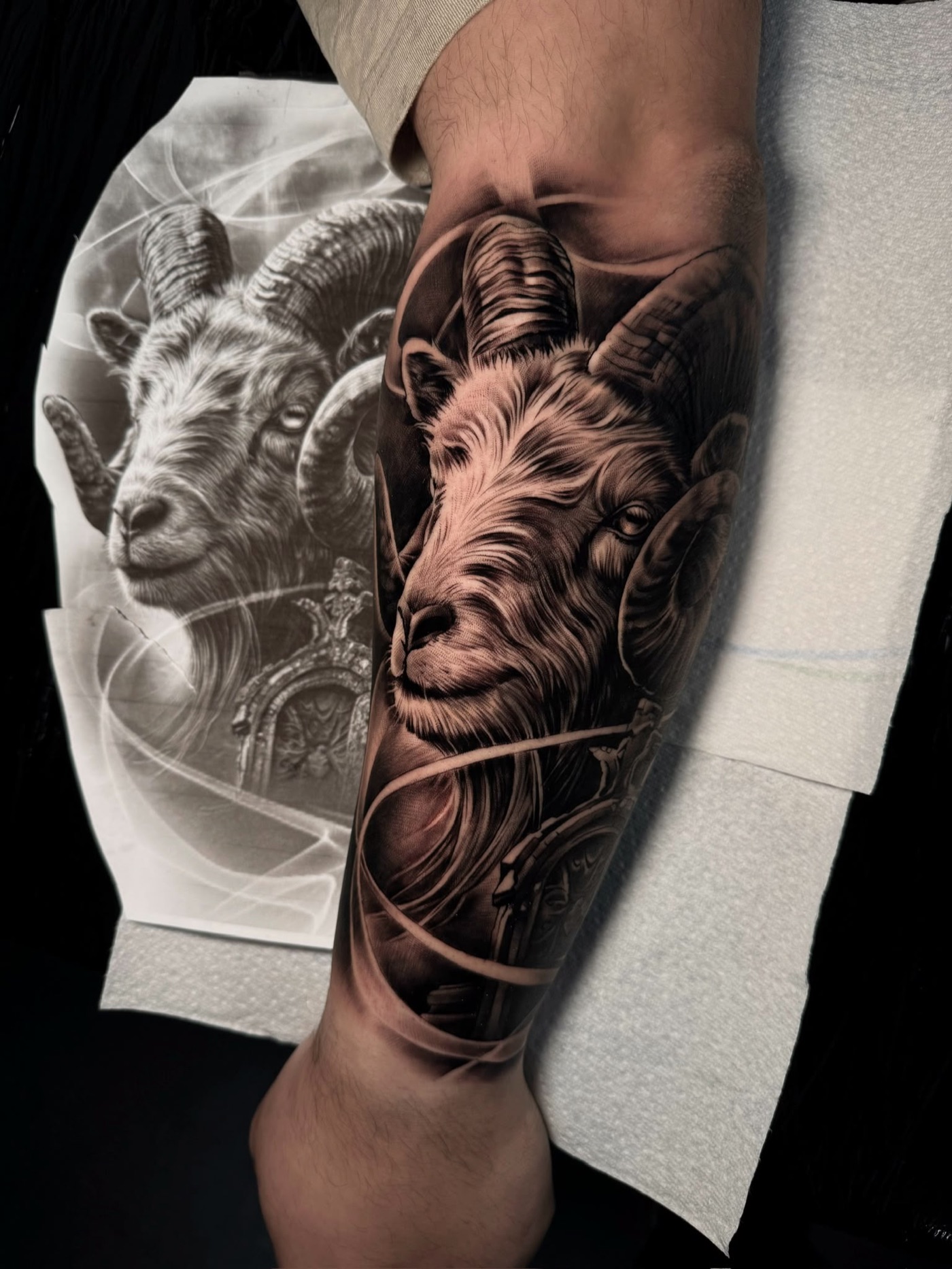 Black and grey ram realism tattoo
